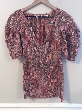 A.L.C. Women’s Juliana Top Size 10 a Silk Blend Blouse Puff Sleeves Pink Brown